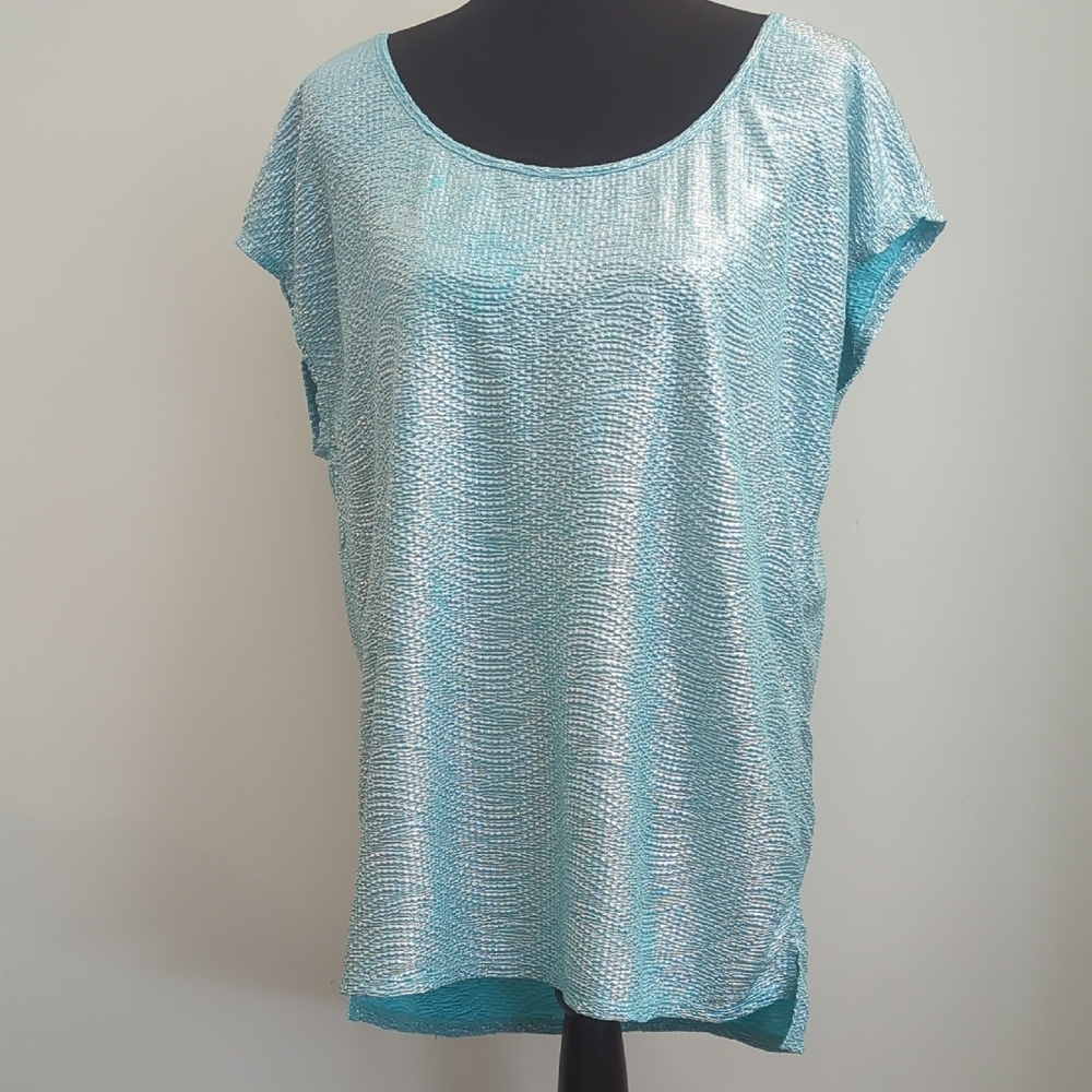Candie's Y2K Vintage 70s Disco Style Aqua Metallic Crinkle Sparkle Top Tunic XL